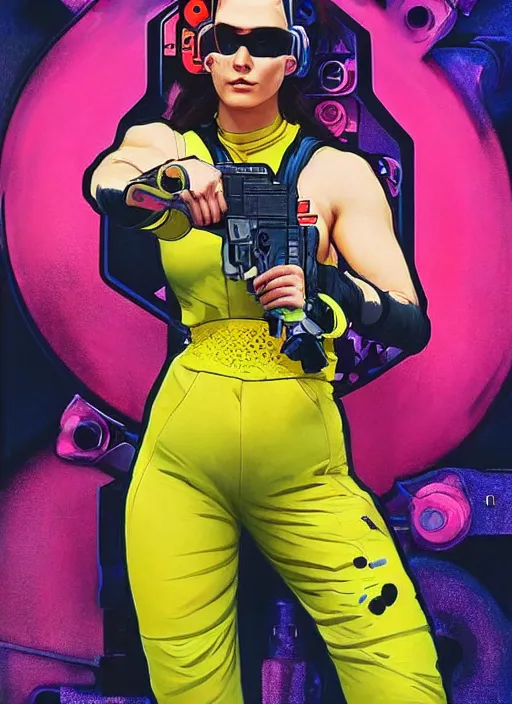 Prompt: beautiful cyberpunk female athlete wearing pink jumpsuit and firing a futuristic yellow belt fed automatic pistol. advertisement for pistol. cyberpunk ad poster by james gurney, azamat khairov, and alphonso mucha. artstationhq. gorgeous face. painting with vivid color, cell shading. buy now! ( rb 6 s, cyberpunk 2 0 7 7 )