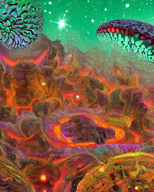 Image similar to super surreal detailed hyperrealist painting of futuristic diorama of purple firefly insects made out of mandelbulb silver metallic spheres floating leak highlighter glowing red neon slime in the white snow artic tundra unreal engine gouache detailed painting