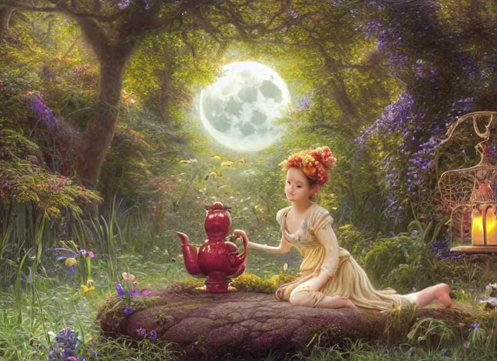 Image similar to 3D artist staring into the camera sculpting a teapot, fireflies, full moon, Lilia Alvarado, Sophie Anderson, Mark Arian, Bob Byerley, Charlie Bowater, Mark Brooks, Steve Henderson, Justin Gerard, Arthur Hughes, Edward Robert Hughes, Mark Keathley, Victor Nizovtsev, Carlos Shwabe, Ross Tran, WLOP