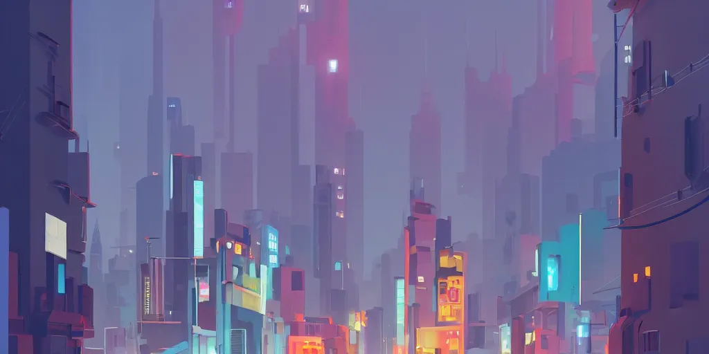 Prompt: a beautiful picture of a city with a closeup of a street, a matte painting by james gilleard, minimalist design, geometric lines, pixiv contest winner, retrofuturism, cityscape, 2 d game art, low poly