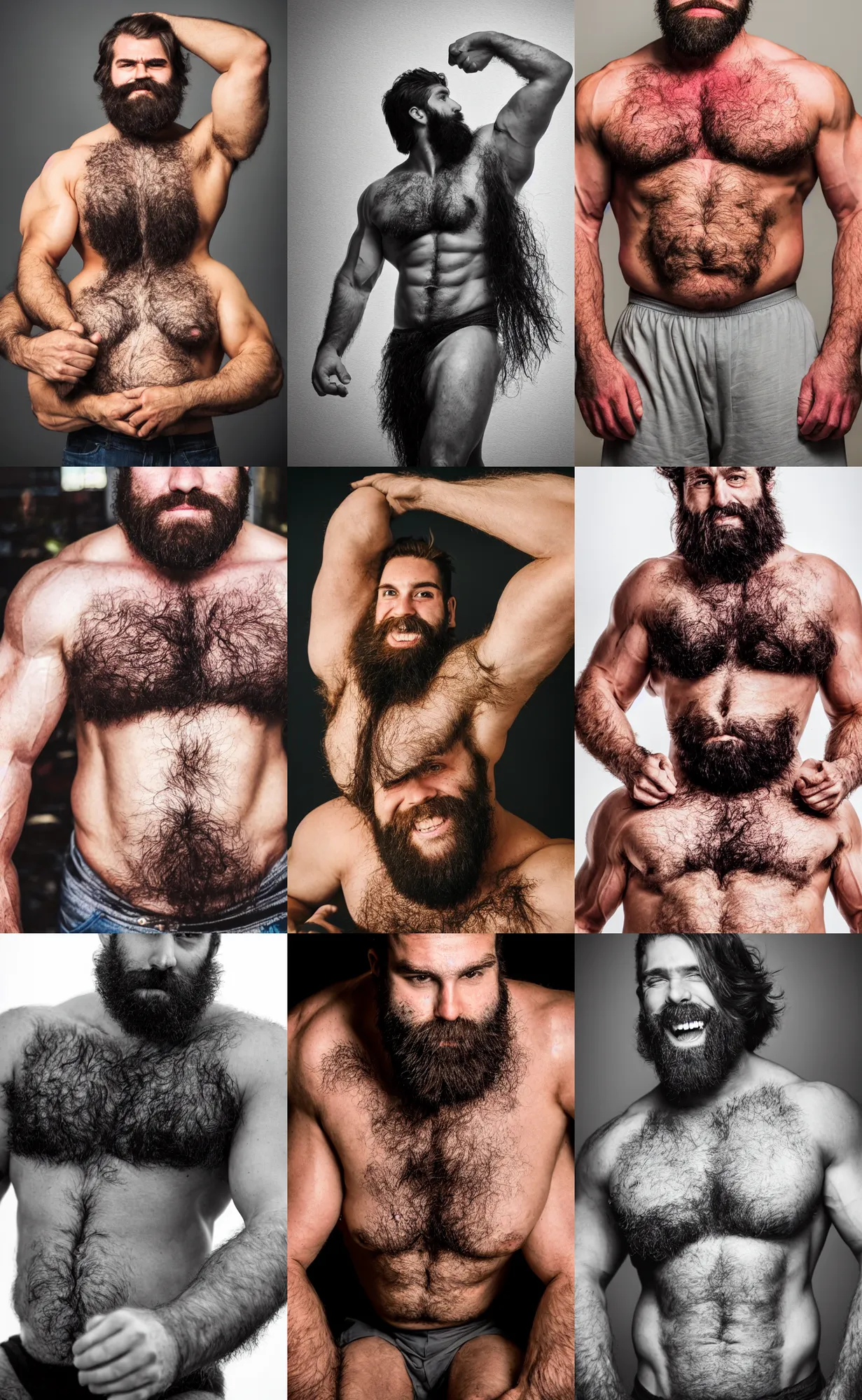 Prompt: photography of a massively hairy man with thick muscles