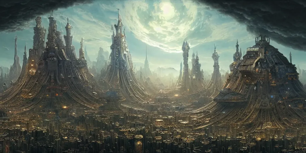 Image similar to a beautiful and insanely detailed matte painting of an advanced sprawling civilization with surreal architecture designed by akihiko yoshida!, whimsical!!, epic scale, intricate details, sense of awe, elite, fantasy realism, complex layered composition!!