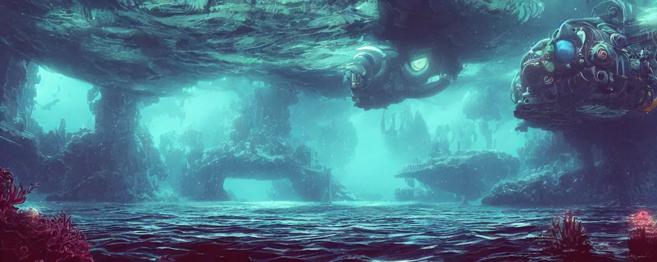 Prompt: ” underwater otherwordly landscape, [ deepsea, cinematic, detailed, epic, widescreen, opening, establishing, mattepainting, photorealistic, realistic textures, octane render, art by slop and paul lehr ] ”