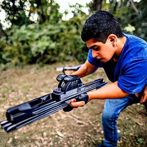 Image similar to young latino man using cordless power tool crossbow made by dewalt