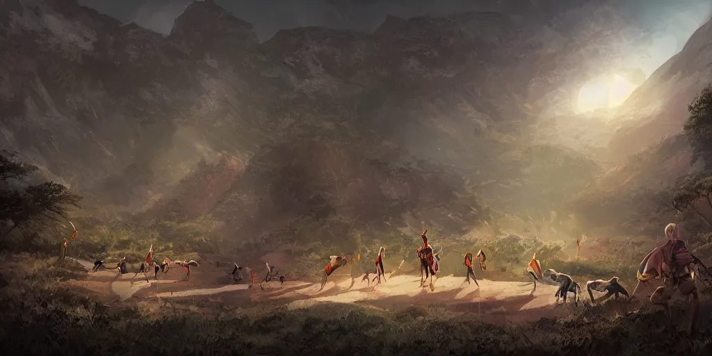 Prompt: an african magic school on the mountains, comics art, cinematic volume lighting, 4k, illustration, epic scene, trending on artstation, art by Sebastian Luca