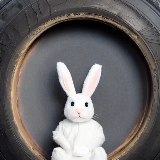 Image similar to easter bunny sitting on a tire, studio photo, high quality