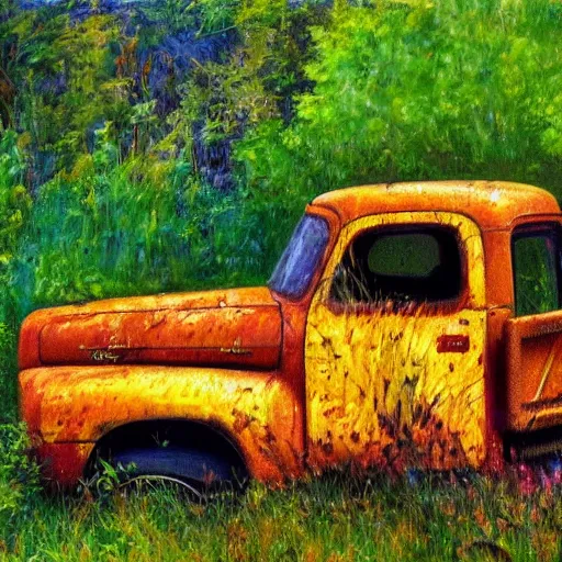 Image similar to impressionist painting of an old rusty pickup truck overrun by very thick kudzu