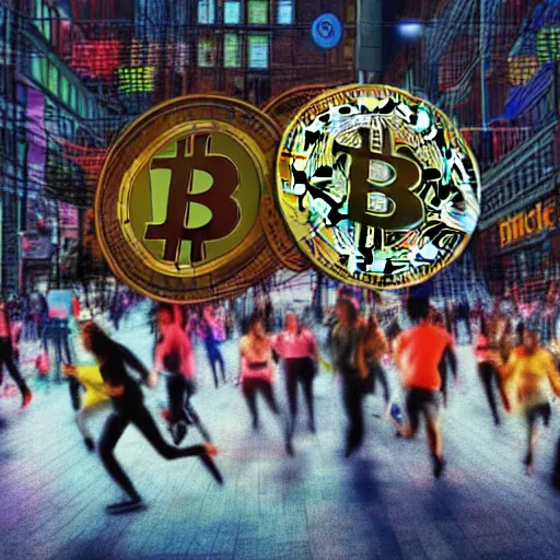 Prompt: bunch of people running away from a bitcoin giant in the city, hyper detailed, hdr, 8 k, bright colors