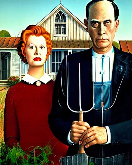 Prompt: painting of lucille ball and ricky ricardo as the couple in American Gothic by Grant Wood