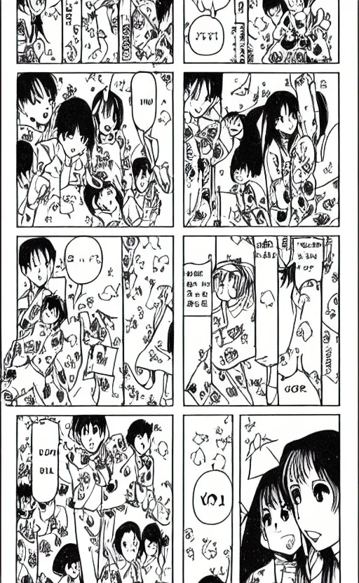 Image similar to multi-panel manga comic by Naoko Takeuchi and Junji ito, four panel black and white 4-koma, School comedy shoujo manga