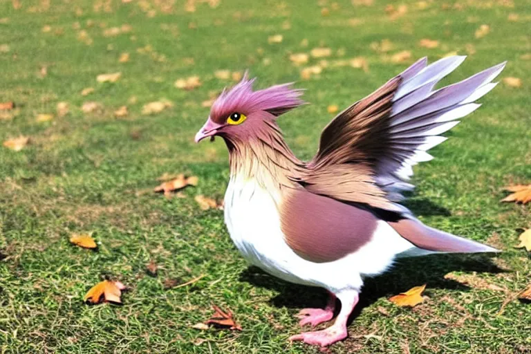 Image similar to real life pidgey pokemon, cute!!!, adorable!!!, playful!!!, happy!!!, cheeky!!!, mischievous!!!, ultra realistic!!!, autumn, clear weather, golden hour, sharp focus