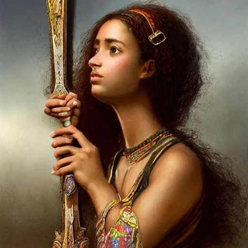 Image similar to artstation concept of a beautiful girl holding a sword in both hands, brown skin, sweaty skin, symmetrical face, casual white garment, brown canyon background, shiny colorful, hyperdetailed, artstation trending, world renowned artists, worth1000.com, historic artworks society, antique renewel, cgsociety, by greg rutkowski, by Gustave Dore, Deviantart