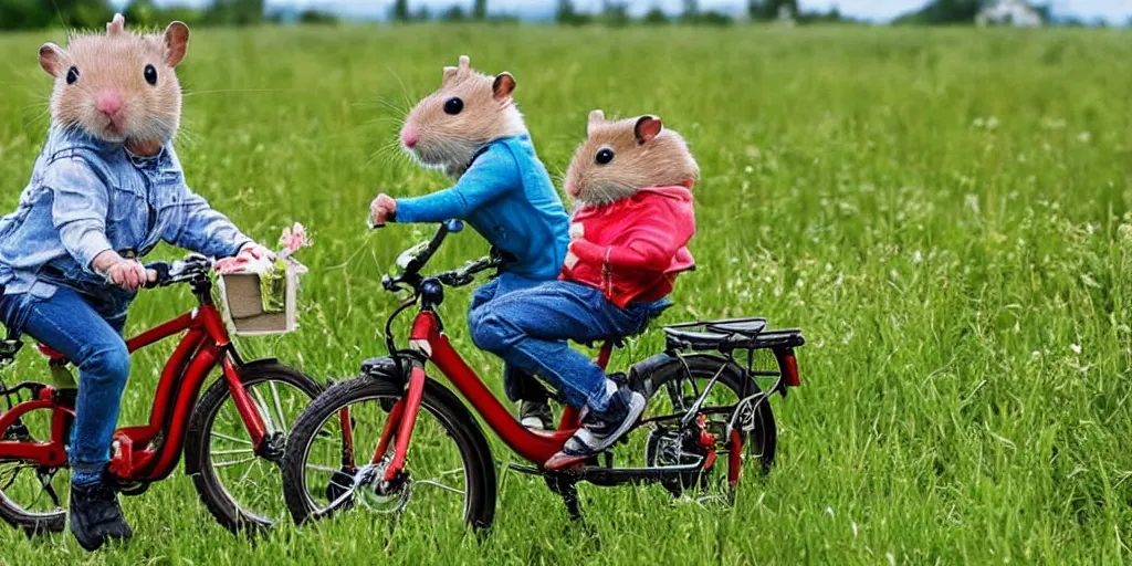 Prompt: a hamster happily riding an electric bike on the prairie