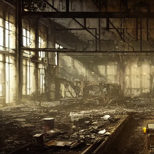 Image similar to fallout 5, indoors dilapidated partially ruined factory interior, rusted machinery, atmospheric lighting, painted, intricate, volumetric lighting, beautiful, daytime, sunny weather, slight overcast, golden hour, sharp focus, deep colours, ultra detailed, by leesha hannigan, ross tran, thierry doizon, kai carpenter, ignacio fernandez rios