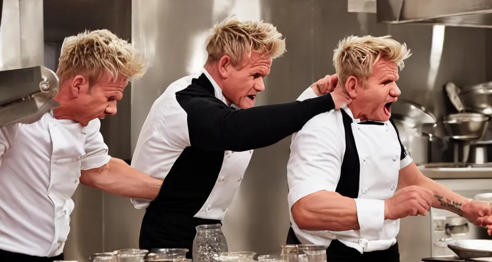 Image similar to photo of angry furious Gordon Ramsay punching Gordon Ramsay at the kitchen