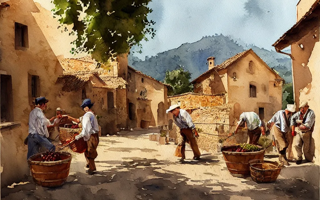 Image similar to beautiful watercolor painting by joseph zbukvic and alvaro castagnet, depicting a wine harvesting on a sunny day in a little italian village