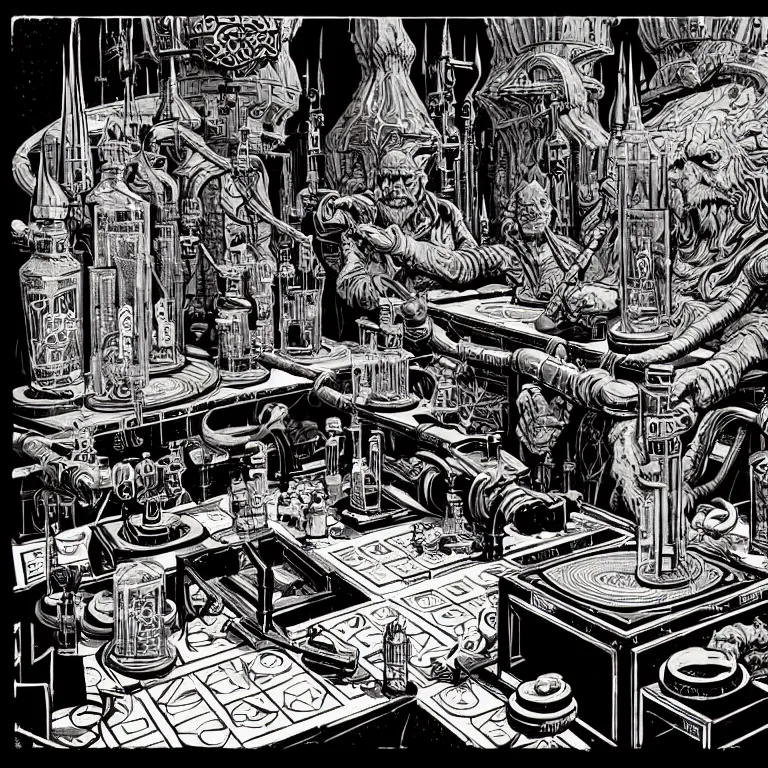 Prompt: ancient alchemist wizards laboratory, high details, lineart, by vincent di fate, inking, 3 color screen print, masterpiece, trending on artstation, etching, sharp, high contrast, hyper - detailed, hd, 4 k, 8 k