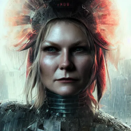 Image similar to kirsten dunst portrait, dystopia core, apocalyptic, armor, warrior, dramatic, sharp focus, fiction, neon, fantasy, hyper detailed, digital art, trending in artstation, cinematic lighting, studio quality, smooth render, unreal engine 5 rendered, octane rendered, art style and nixeu and wlop and krenz cushart