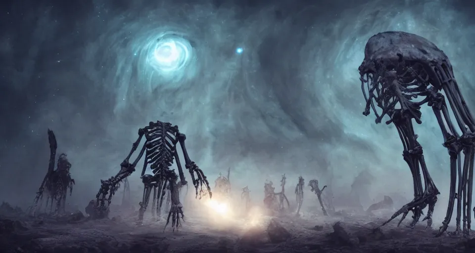 Prompt: a photo of an enormous humanoid skeletal old god with eighty repeating arms lurking in a nebulae, 4 k, unreal engine, concept art, matte painting, cosmic horror, nightmare,