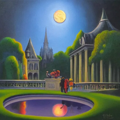 Prompt: batman and sherlock holmes discover a portal to another universe within the luxembourg gardens in paris. a magical moon glows in the sky. oil painting in the style of thomas hart benton. cosmic vibes.
