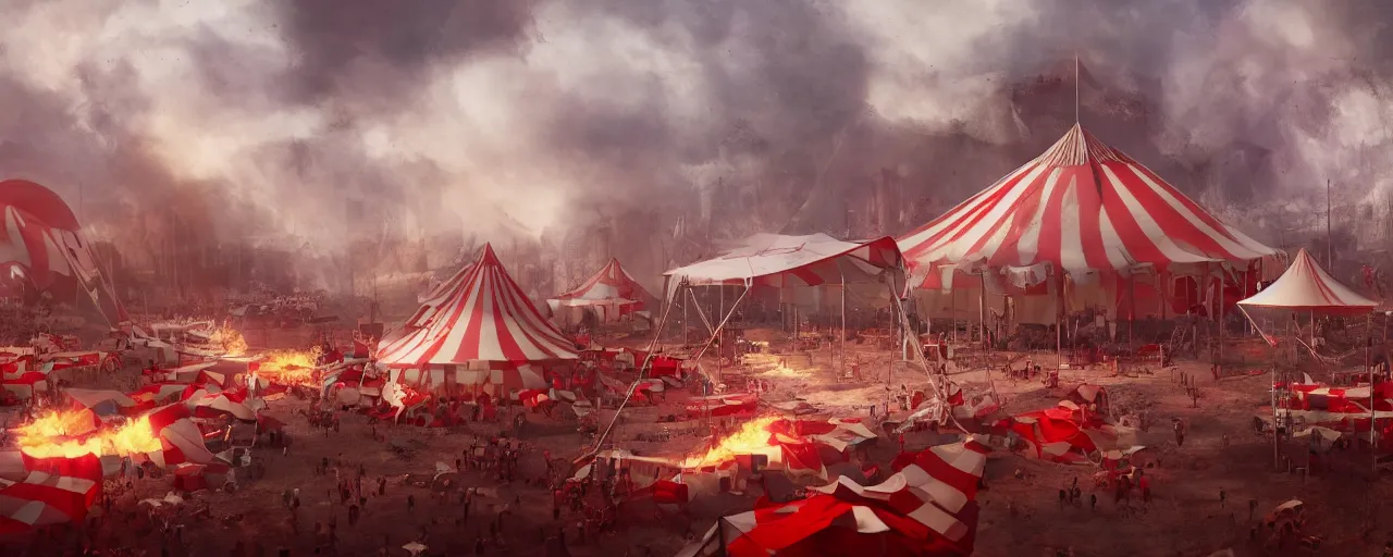 Image similar to red and white circus tent on fire, wide angle, matte painting, concept art, cgsociety, octane render, trending on artstation, artstationHD, artstationHQ, unreal engine, 4k, 8k