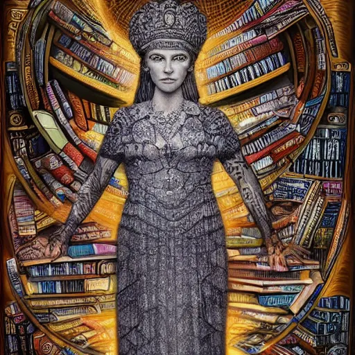 Image similar to 3 d goddess minerva, medium shot portrait. beautiful hyperrealistic intricate highly detailed and richly embroidered with esoteric symbols gown, surrounded by stacks of books bioluminescent, curious, plasma, 4 k surrealism