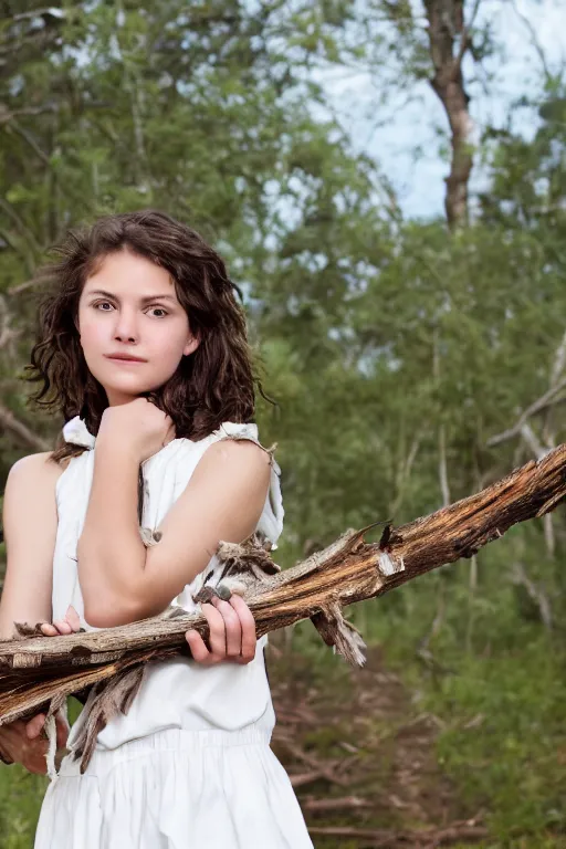 Image similar to a middle-school girl with unkempt wavy short brown hair wearing a white dress and holding a bundle of firewood, high resolution film still, 8k, HDR color, short hair, round face, dimples, beautiful gazing eyes