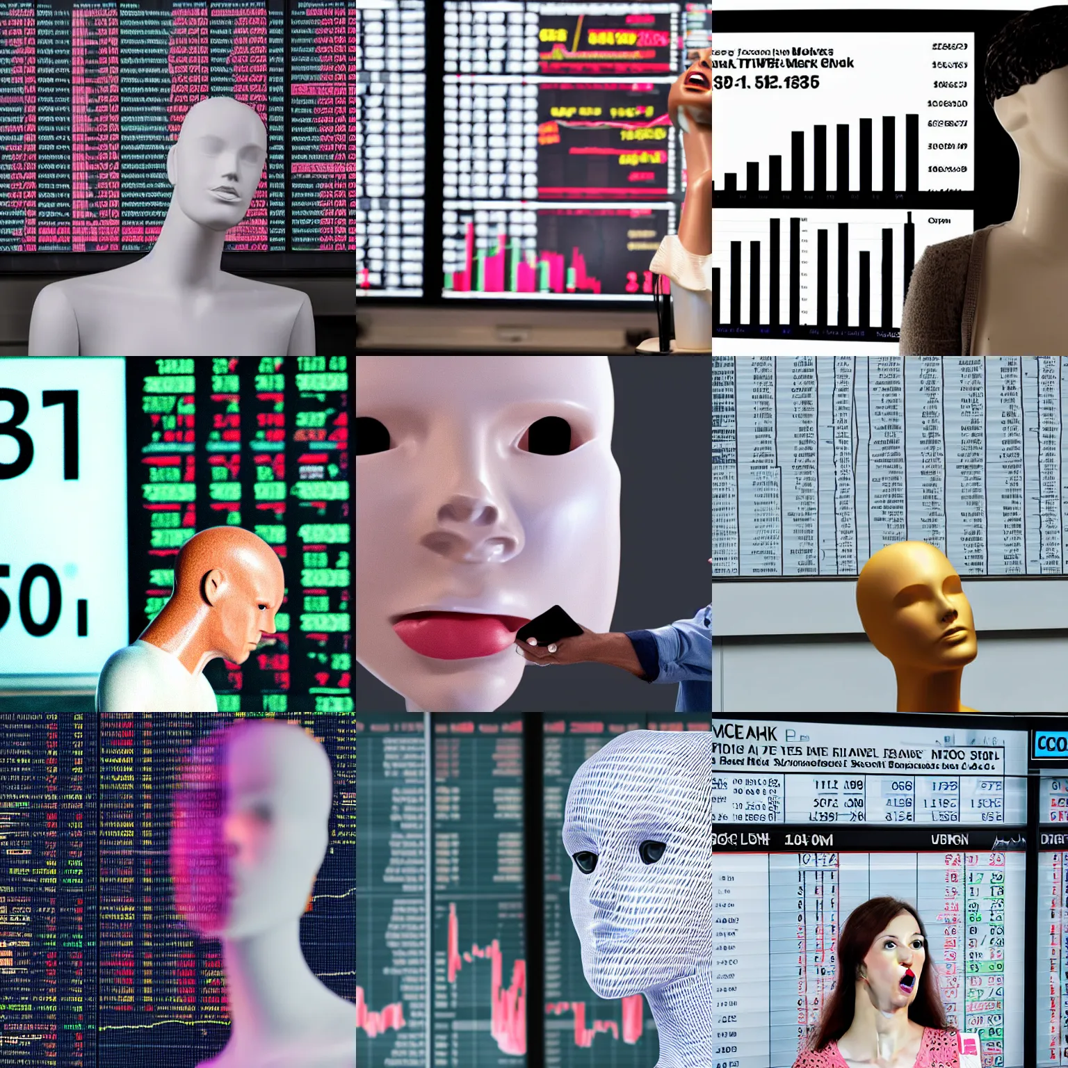 Prompt: mannequin freaking out in front of a chart of the stock market