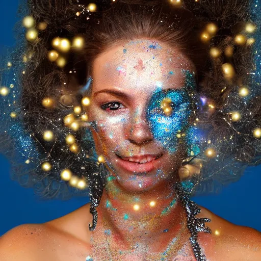 Prompt: portrait of a happy beautiful futuristic woman layered with high-tech jewelry wrapping around her face and head and shoulders, golden-silver light with tiny blue, gold, and red gems scattered like dust