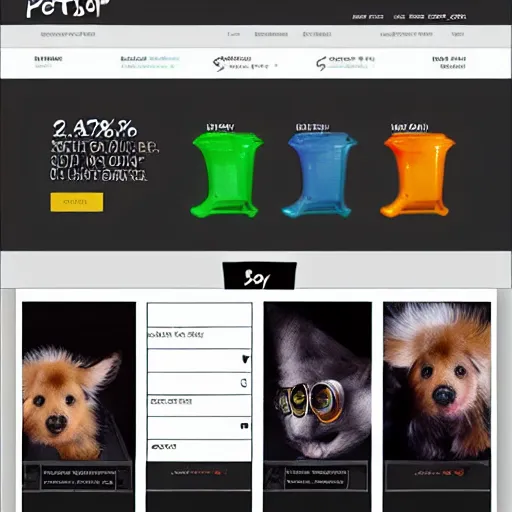 Prompt: petshop ecommerce website sketch, menu bar on top and on the left side, mate colours