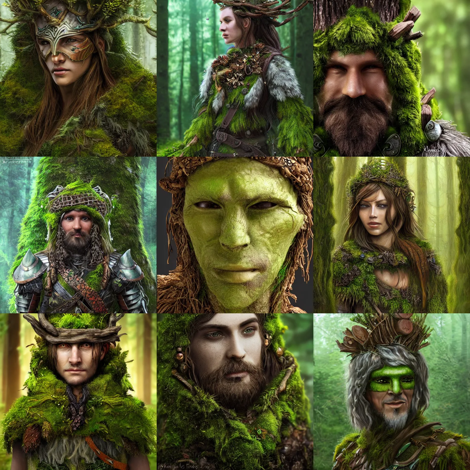 Prompt: A forest druid wearing armor made of wood and moss. Fantasy art, portrait, 8k resolution, extremely detailed