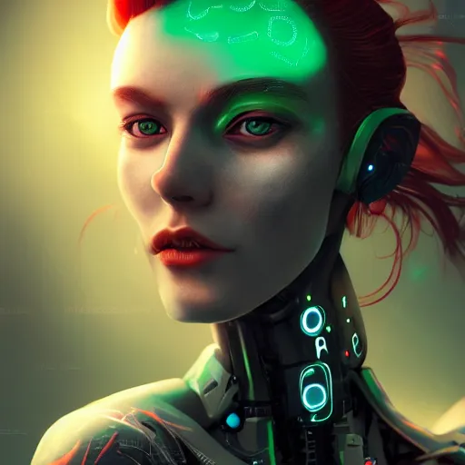 Image similar to a portrait of a beautiful cyborg girl, red hair, glowing green eyes, urban motifs, intricate, elegant, highly detailed, digital painting, trending on artstation, concept art, smooth sharp focus, illustration, raytracing, 8 k rendering, global illumination