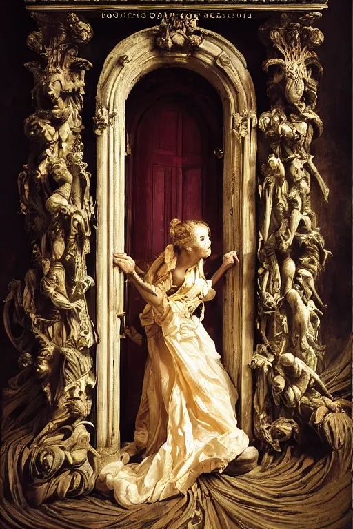 Prompt: the dweller on the threshold dramatic, elaborate emotive Baroque and Rococo styles to emphasize beauty as a transcendental, 8k image, ultra-realistic