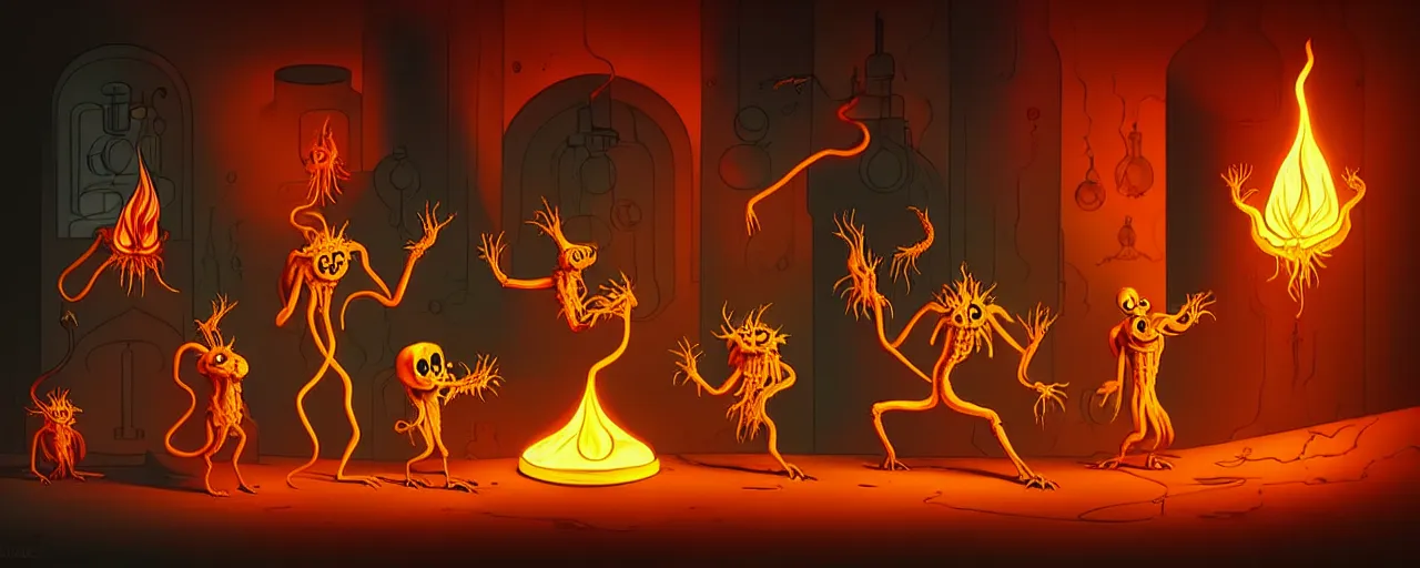 Prompt: uncanny alchemist chthonic creatures in a fiery alchemical lab, dramatic lighting, surreal 1 9 3 0 s fleischer cartoon characters, surreal painting by ronny khalil