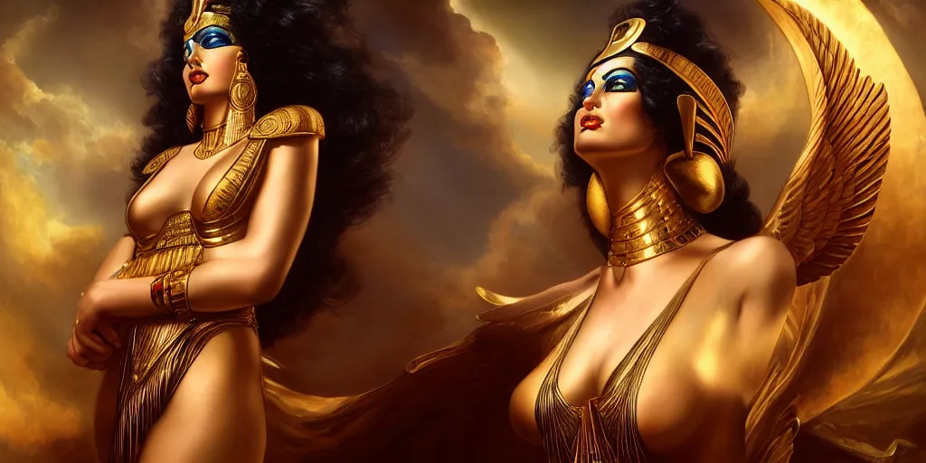 Prompt: Egyptian goddess Isis, by Rolf Armstrong and Evelyn De Morgan and Bastien Lecouffe-Deharme, dramatic lighting, high contrast colors, baroque, empyrean, panoramic view, as trending on Artstation, highly detailed, doom engine,