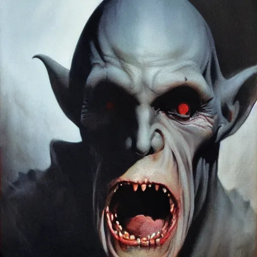 Image similar to ultra realistic portrait painting of nosferatu, art by frank frazetta, 4 k, ultra realistic, highly detailed, epic lighting