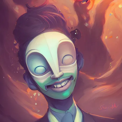 Image similar to a portrait of the happy mask salesman, art by lois van baarle and loish and ross tran and rossdraws and sam yang and samdoesarts and artgerm and saruei and disney, digital art, highly detailed, intricate, sharp focus, trending on artstation hq, deviantart, unreal engine 5, 4 k uhd image