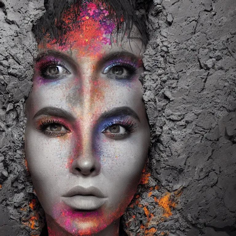 Image similar to wide angle octane render by wayne barlow and carlo crivelli and glenn fabry, the face of a woman with dramatic colorful shimmering makeup breaking through the cement wall of a brutalist government building, cinema 4 d, ray traced lighting, very short depth of field, bokeh