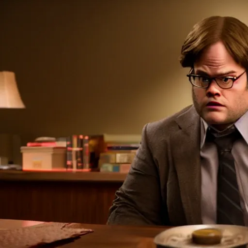 Prompt: cinematic scene with seth rogan as dwight schrute, dramatic, small details, volumetric lighting, still frame