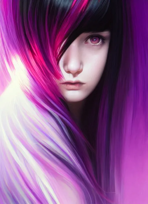 Image similar to hair blackbangs hair, white hair, blackbangswhitehair, portrait of teenage girl with black bangs, red irises, purple clothes, black bangs, bangs are different color from hair, intricate, elegant, glowing lights, highly detailed, digital painting, artstation, concept art, sharp focus, illustration, art by wlop, mars ravelo and greg rutkowski