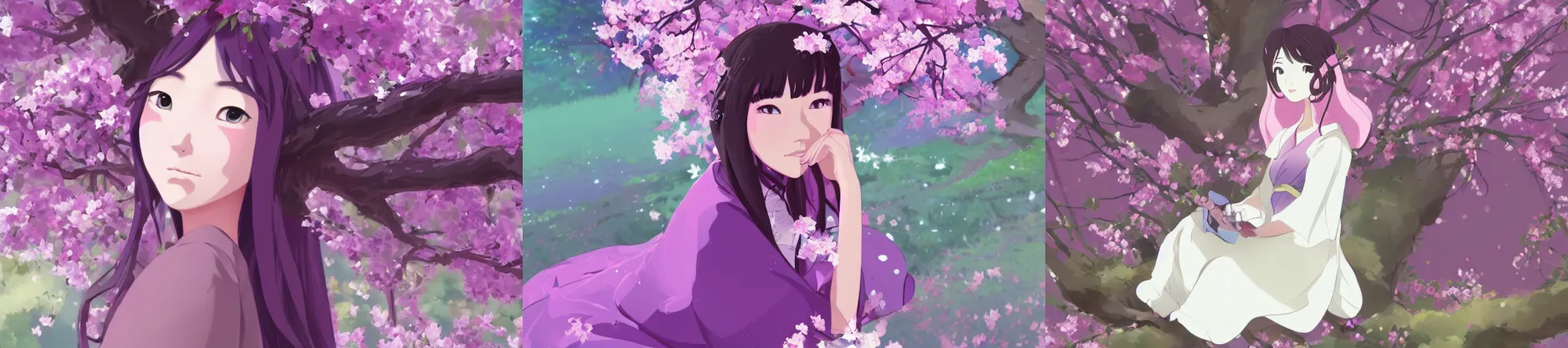 Prompt: beautiful Japanese girl with pink eyes and full body, her face is a mauve flower like colorful purple gown with white sheen and long hair sitting on apple tree, beuatiful face, awesome, inspire, artstation, by Studio Trigger and Studio Ghibli, by Makoto Shinkai