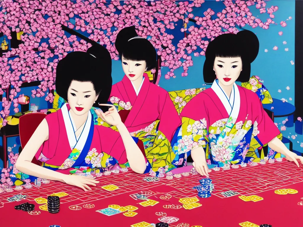 Image similar to hyperrealism composition of the detailed single woman in a japanese kimono sitting at an extremely detailed poker table with barbie, fireworks and sakura tree on the background, pop - art style, jacky tsai style, andy warhol style, acrylic on canvas