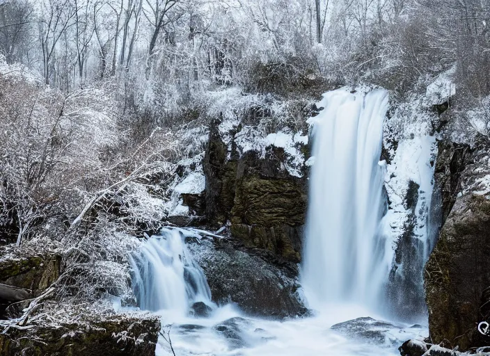 Image similar to photograph of a waterfall, winter, landscape photography, award winning, canon, sony, nikon, 4 k, hd