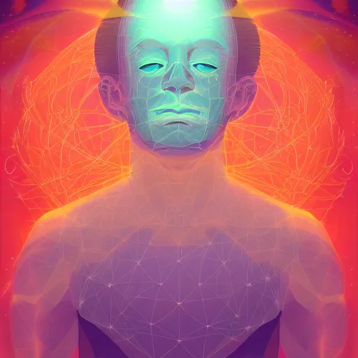 Image similar to a man in a deep meditative state become one with the universe, digital art, illustration