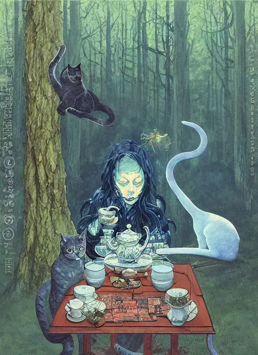 Image similar to cat having tea with a sorceress at a shrine in the woods gorgeous lighting, lush forest foliage blue sky a hyper realistic painting by chiara bautista and beksinski and norman rockwell and greg rutkowski weta studio, and lucasfilm