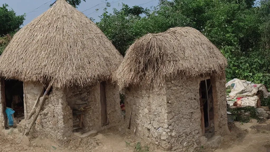 Prompt: a small village house made of Cob