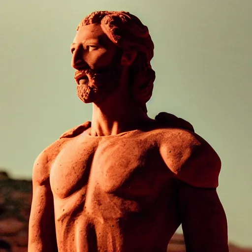 Image similar to cinematic still of a gust of wind blowing red clay sculpture of 30 year old middle eastern man head and shoulders in a human head and shoulders, strong, muscular, mysterious, fantastical, miraculous, epic, light rays, cinematic, Biblical epic directed by Steven Spielberg