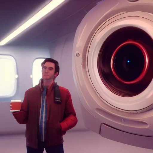 Image similar to a hyperrealistic octane render of max from flight of the navigator having coffee with hal 9 0 0 0, unreal engine, 8 k, ultrarealistic, photorealism