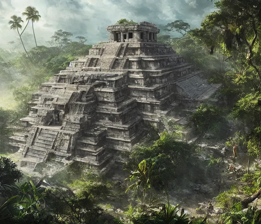 Prompt: a cinematic view of the beautiful ruins of a futuristic mayan temple in the jungle of yucatan, art by federico pelat and greg rutkowski and alejandro burdisio