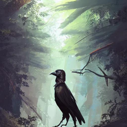 Image similar to concept art painting of a person with a head of a crow, with steampunk clothes, in the deep forest, realistic, detailed, cel shaded, in the style of makoto shinkai and greg rutkowski and james gurney